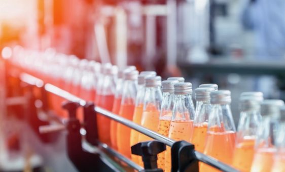 Bouteilles en verre fermée remplies d'un liquide orange qui sont dans une usine